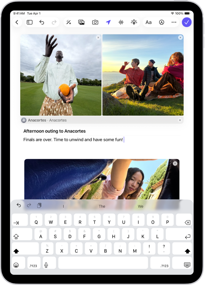 A screen in the Journal app showing photos and an entry in progress.