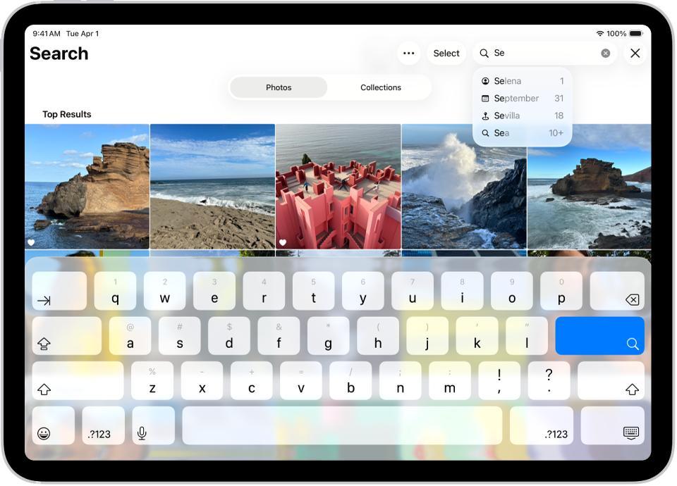 The Search screen in the Photos app. At the top of the screen is the search field and below it are suggestions.