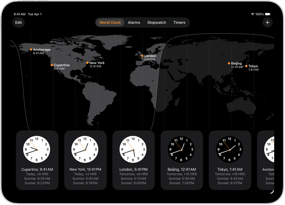 The World Clock tab, showing the time in various cities. The Edit button near the upper-left corner lets you reorder or delete clocks. The Add button near the upper-right corner lets you add more clocks. World Clock, Alarm, Stopwatch, and Timers buttons are along the bottom.