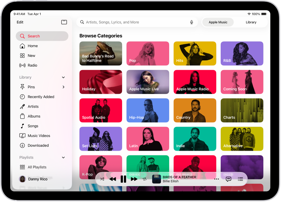 The Search tab showing the sidebar at the left and a search field at the top. Below the search field, various categories of music appear. The MiniPlayer is at the bottom.