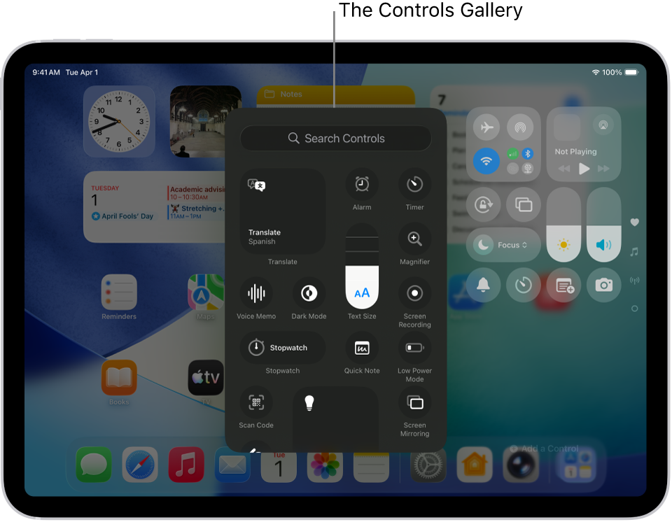 Control Center in edit mode, with the controls gallery open, showing all the available controls.