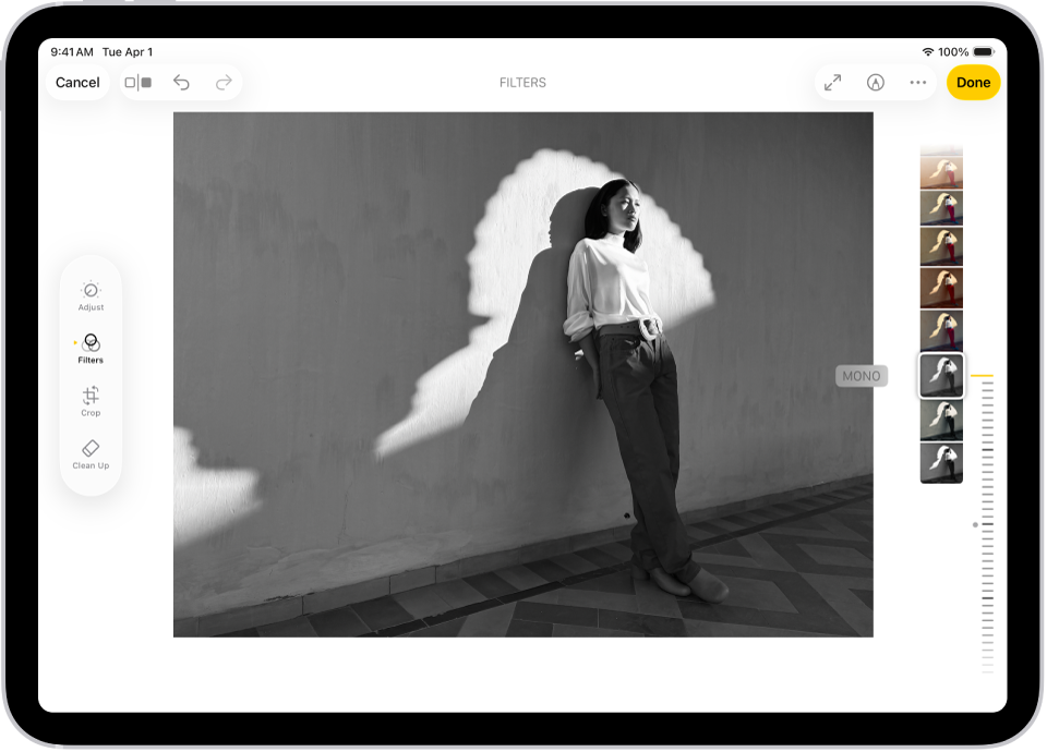 The Edit screen in the Photos app with a photo in the center. On the left side of the screen are the Adjust, Filters, and Crop buttons; Filters is selected. On the right side of the screen are the filter options and a slider to adjust the level of the filter effect.