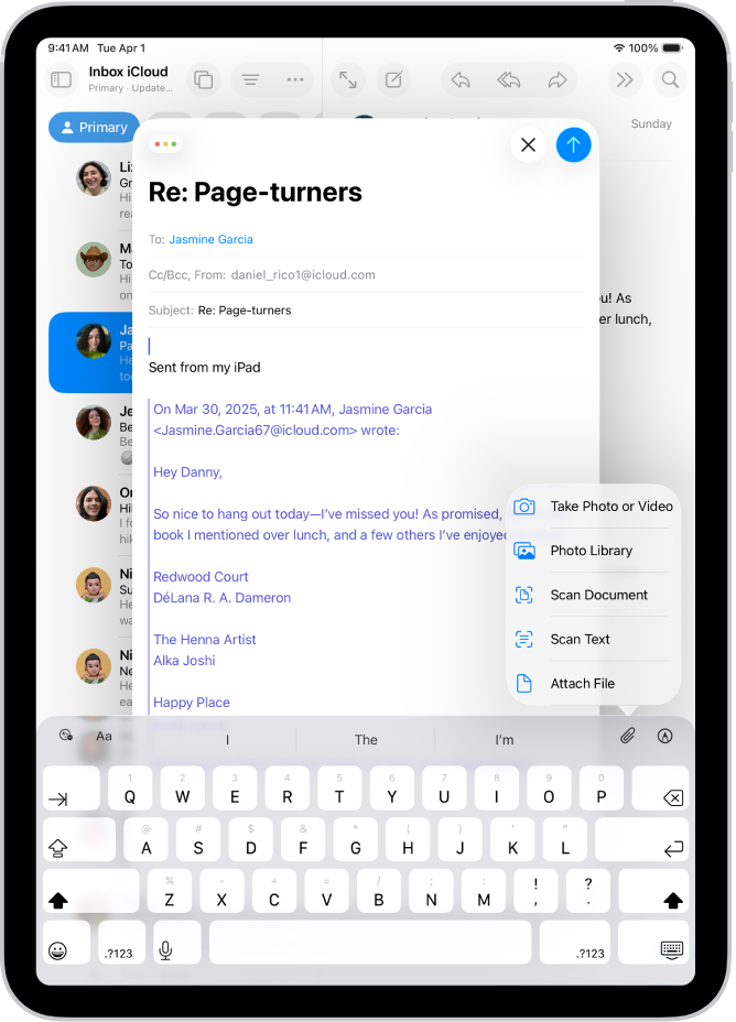 A draft email being composed with the attachment options above the keyboard.
