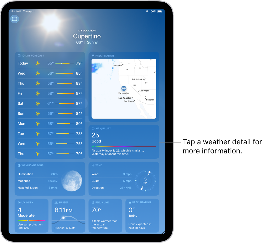 The Weather screen showing the location at the top, and below it the current temperature and weather condition. The rest of the screen contains weather details including UV index, wind, and precipitation.