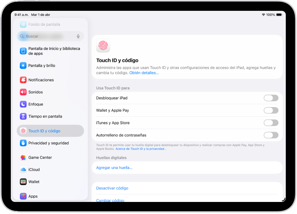 Una pantalla muestra el panel de configuración Touch ID y código con opciones para agregar una huella y activar el código.