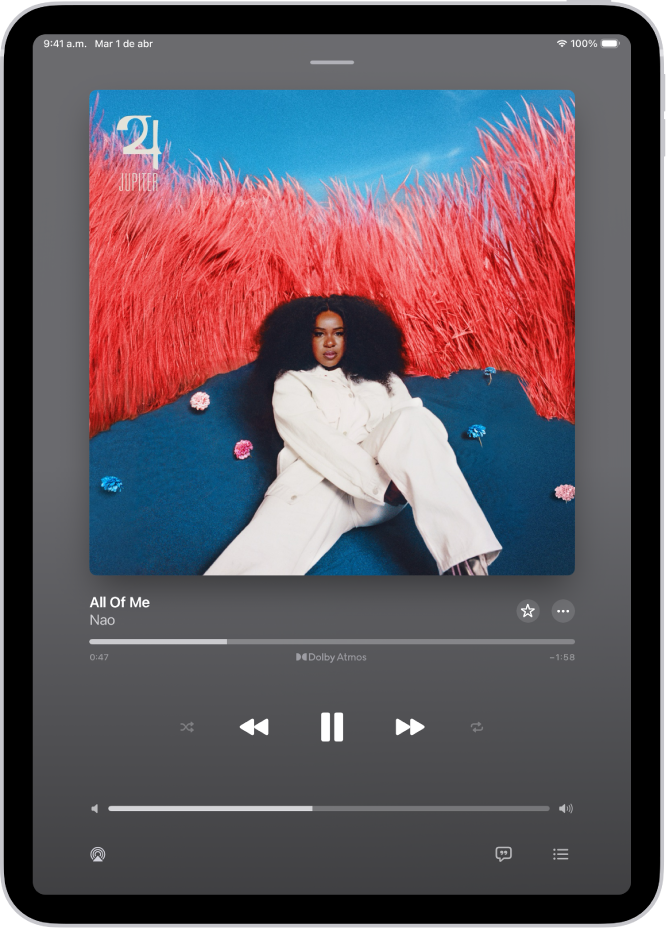 La pantalla Ahora suena mostrando los diversos controles y botones.
