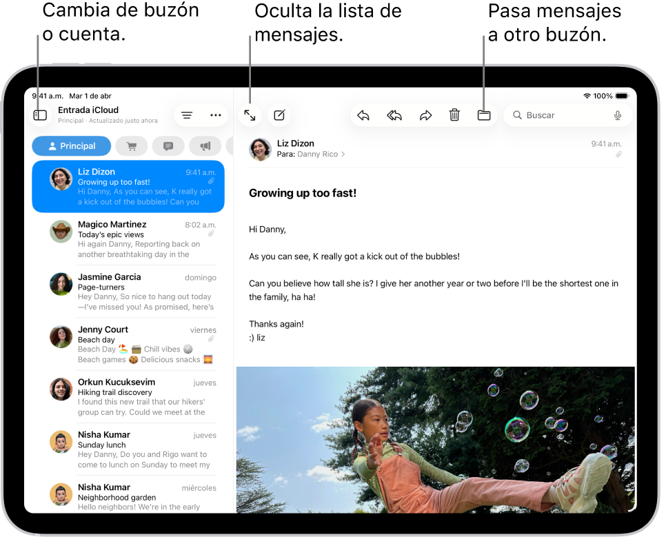El buzón Entrada de Mail, con una lista de correos electrónicos a la izquierda y un correo electrónico abierto a la derecha.