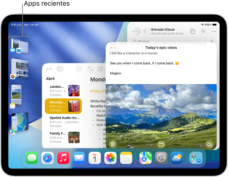 Una pantalla del iPad con el organizador visual activado. La ventana actual está en el frente y las demás apps recientes están en una lista en el lado izquierdo de la pantalla.