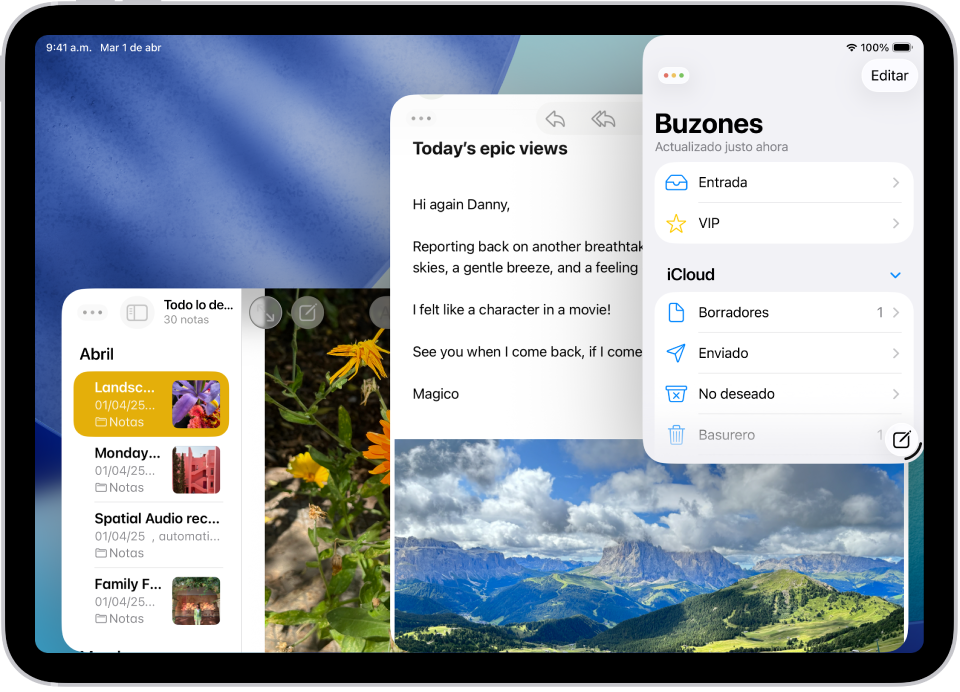 Pantalla de un iPad que muestra que se está trabajando en dos ventanas de Mail y una de Notas.