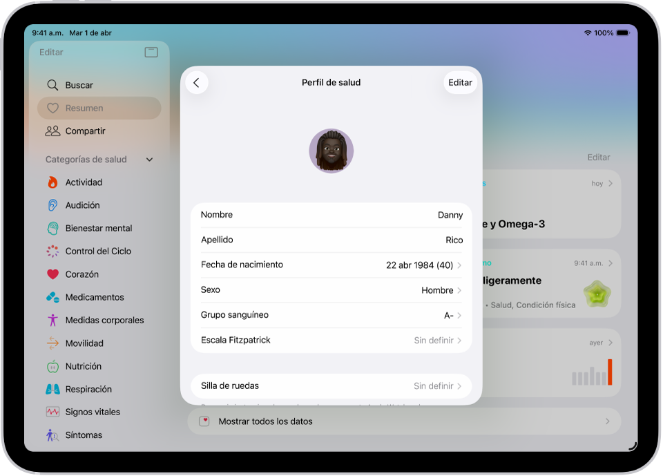 La pantalla Perfil de salud, que incluye campos para el nombre, la fecha de nacimiento, el grupo sanguíneo y otros tipos de información.