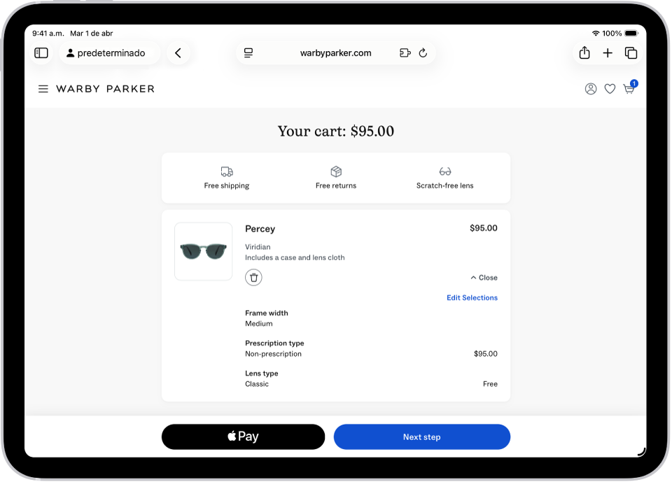 Página web en Safari con un carrito de compras con los precios de los elementos seleccionados. En la parte inferior izquierda está el botón de Apple Pay.