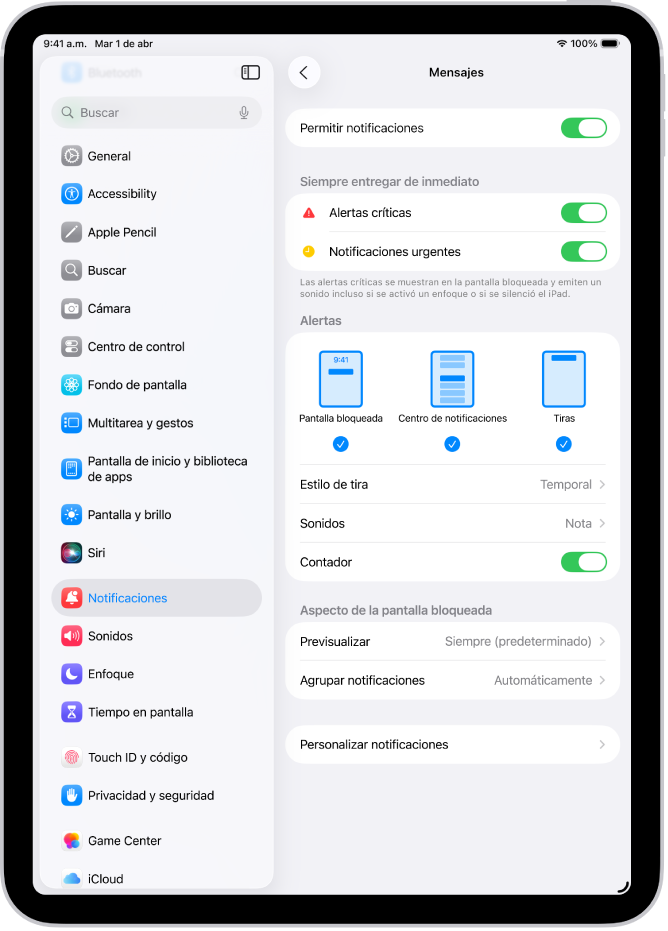 La configuración de notificaciones de Mensajes en Configuración.