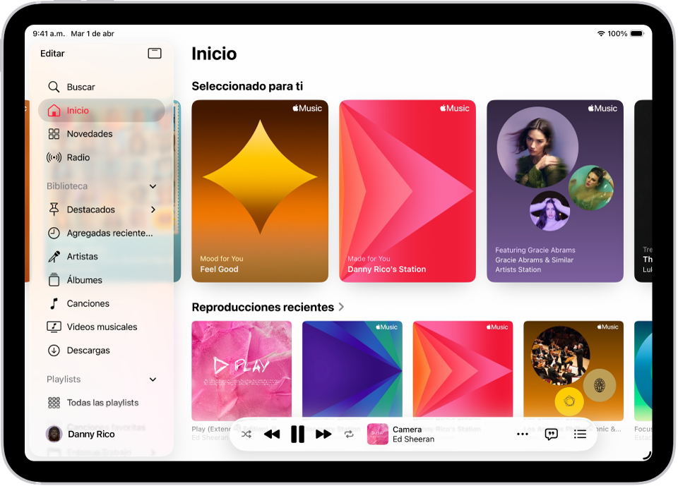 La pestaña Inicio de la app Música con la barra lateral a la izquierda y la sección Inicio a la derecha. La pestaña Inicio mostrando lo más popular en la parte superior. La música reproducida recientemente aparece debajo, con las portadas de cuatro álbumes. El mini reproductor se muestra abajo.
