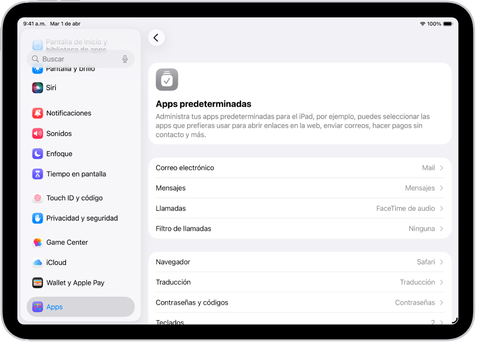 La pantalla para cambiar las apps predeterminadas para enviar correos electrónicos, navegar por Internet y más.