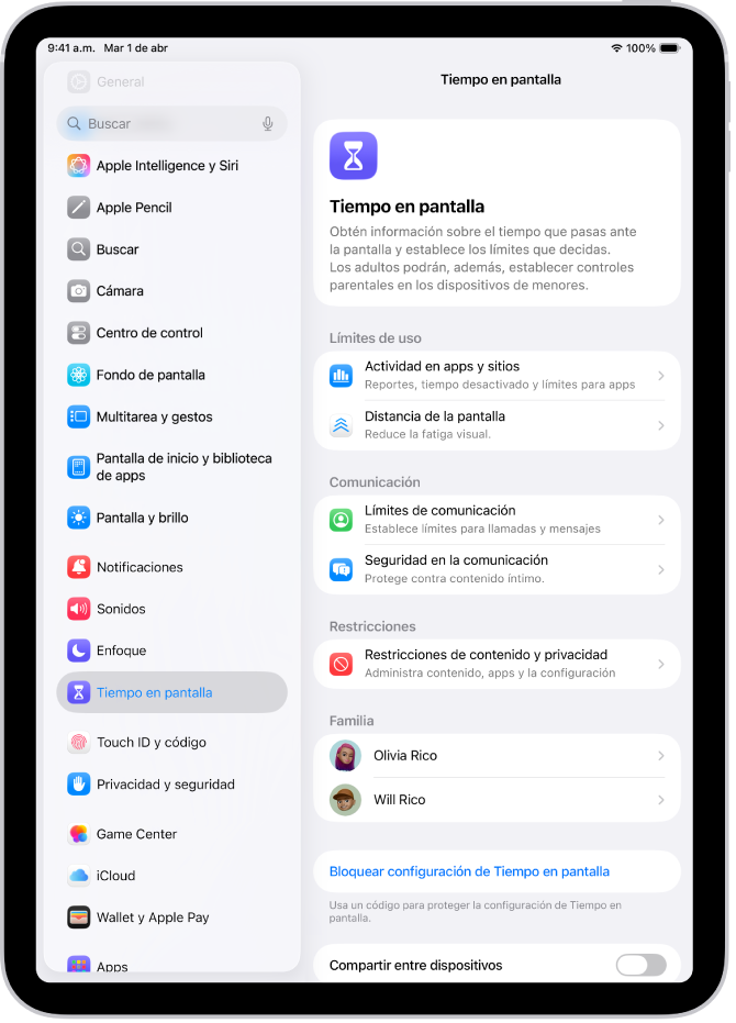 La pantalla de configuración de Tiempo en pantalla mostrando que se hace clic en Actividad en apps y sitios para empezar.