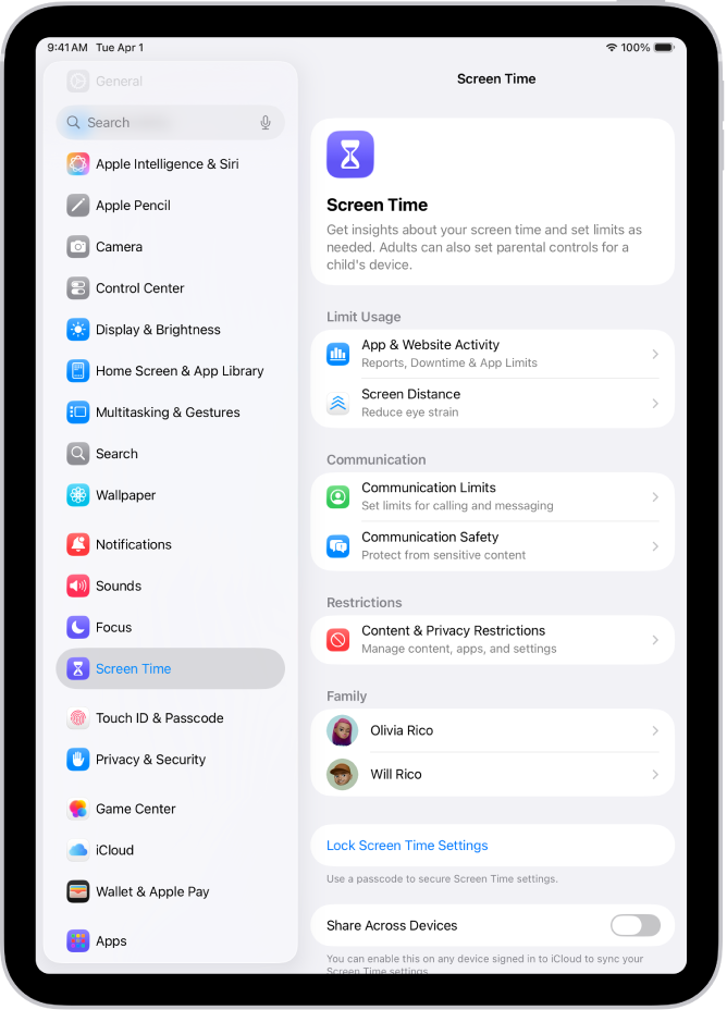 Pantalla para configurar “Tiempo de uso”, indicando que toques “Actividad de apps y sitios web” para empezar.
