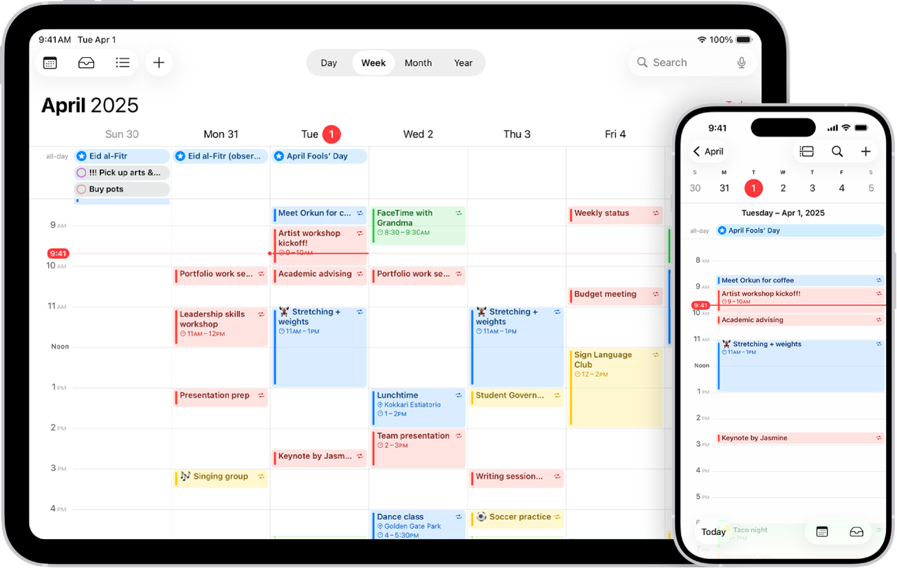 iPadis kuvatakse kalendrit Week-vaates ning sama kalendrit iPhone’is Day-vaates.