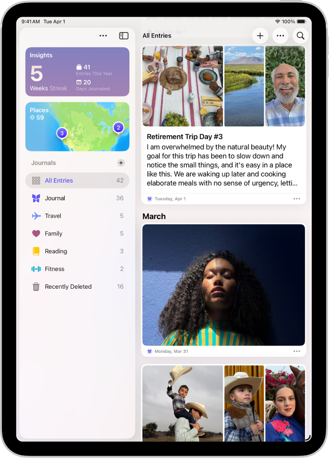 Päiväkirja-apin näyttö, jossa näkyy päiväkirjamerkintöjä ja Haku-painike oikeassa yläkulmassa.