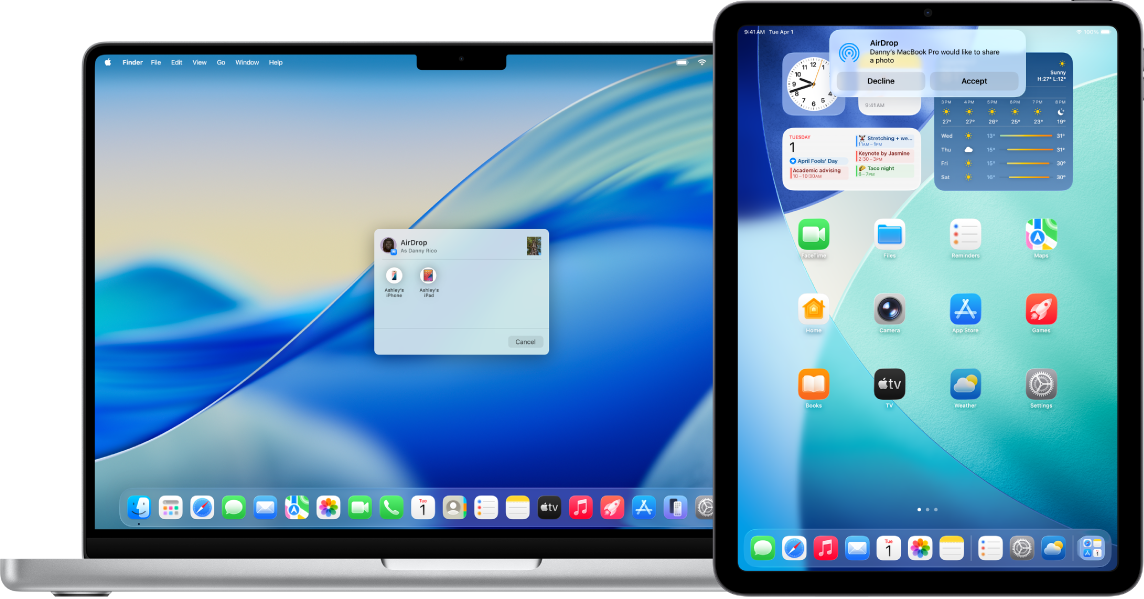 iPadin vieressä on Mac. AirDrop-valintaikkuna on avoinna Macin työpöydällä valmiina dokumentin jakamiseen iPadille. iPadin iPhone-näytössä on ilmoitus dokumentin vastaanottamisesta.