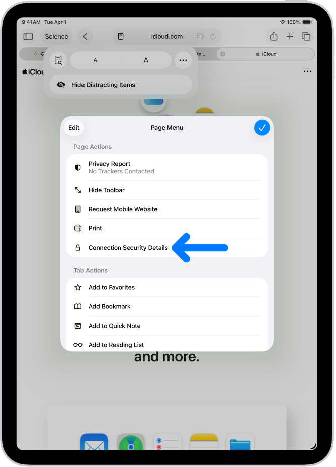 Sivuvalikko on avoinna Safarissa, ja Yhteyden suojaustiedot ‑säädin näkyy sivun puolessavälissä.