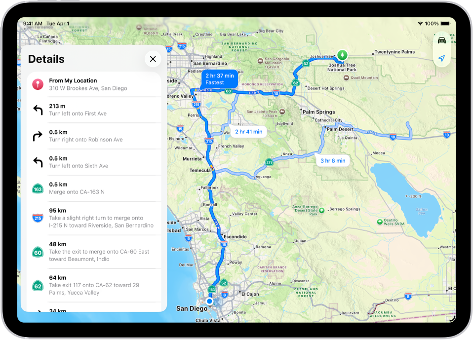 Kartta, jossa näkyy kolme reittivaihtoehtoa ja tarkka luettelo vaiheista määränpäähän pääsemiseksi mahdollisimman vähillä käännöksillä.