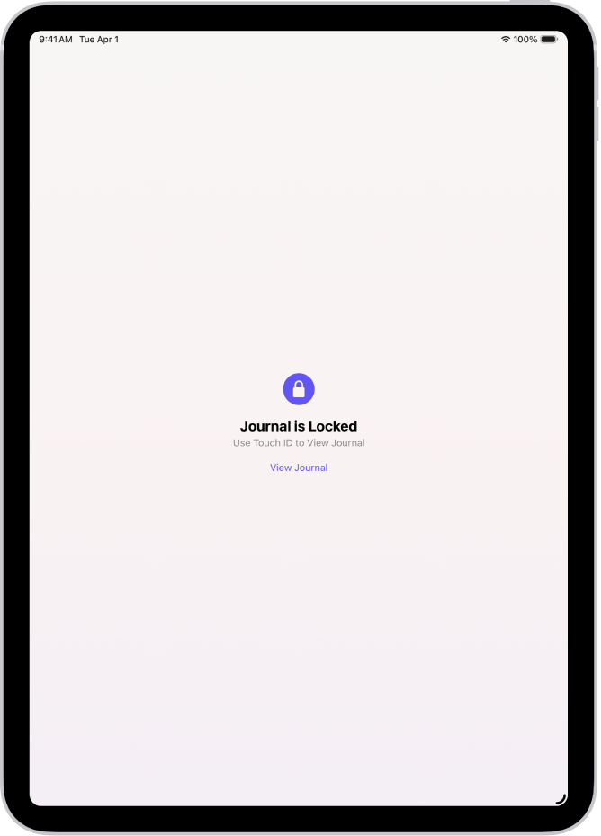 Päiväkirja-apin näytöllä kehotetaan käyttämään Touch ID:tä päiväkirjan lukituksen avaamiseen.