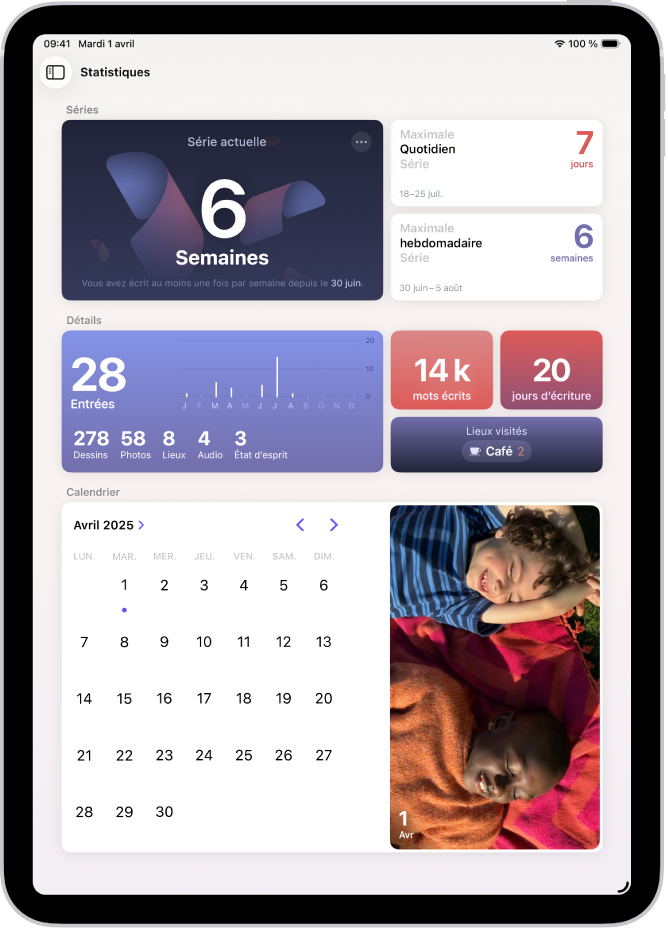 Un écran de l’app Journal avec la série en cours et des mesures, comme le nombre de mots écrits.