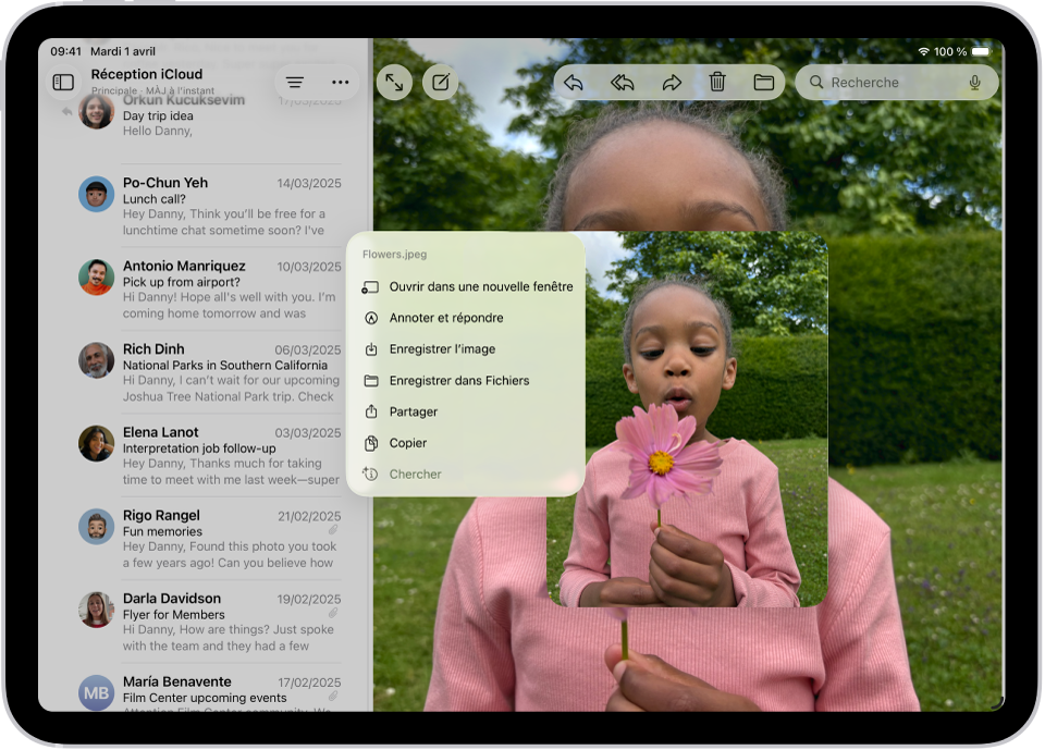 Une pièce jointe est sélectionnée avec la liste des actions possibles.