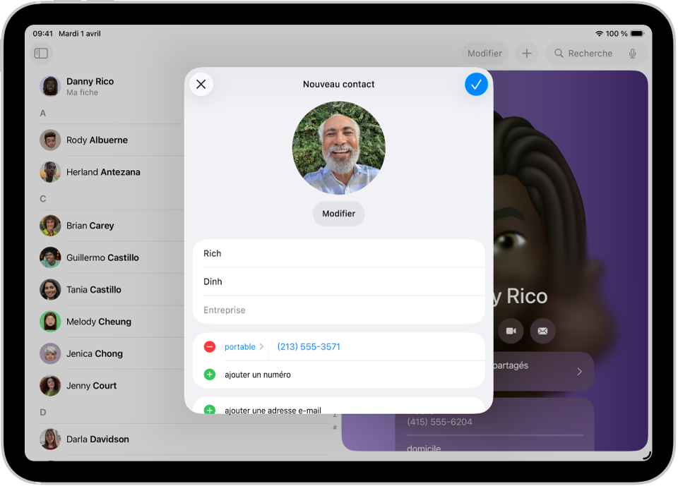 La fenêtre « Nouveau contact » dans l’app Contacts.