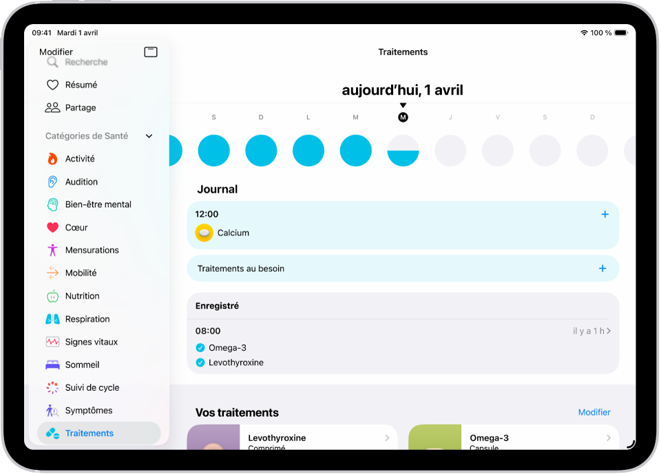 L’écran Traitements dans Santé, avec la date et un journal des traitements.