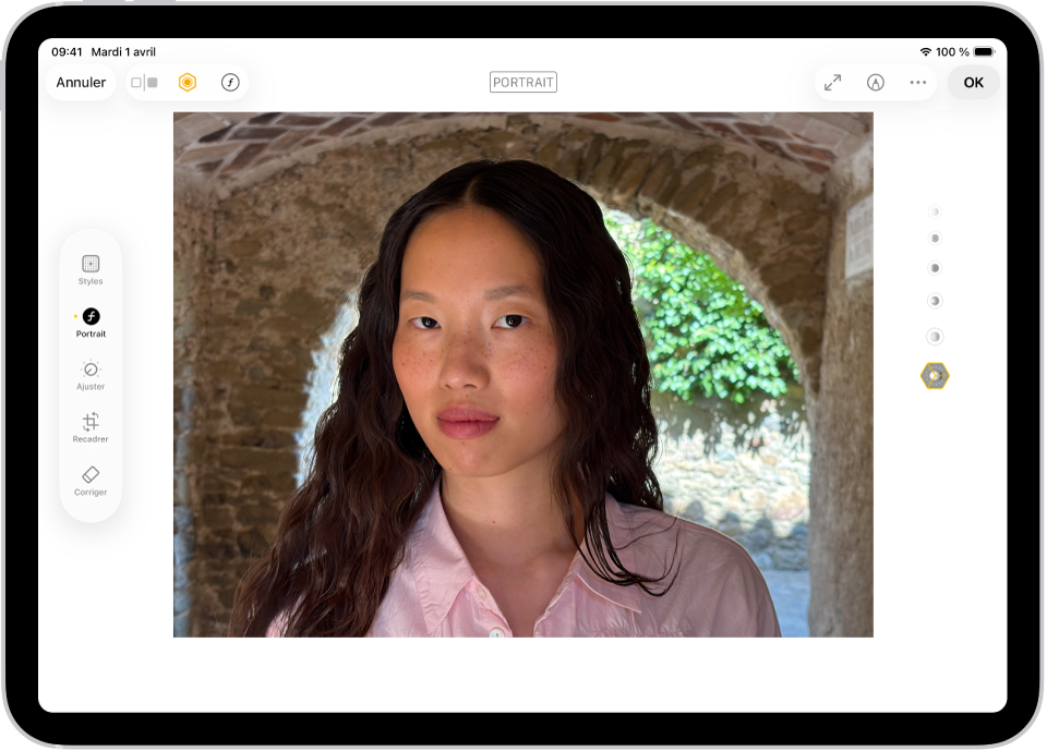 L’écran Modifier d’une photo en mode Portrait. La photo se trouve au centre de l’écran et sur le côté droit de l’écran sont les options de l’effet « Éclairage de portrait ». L’effet « Éclairage de scène » est sélectionné et un curseur permet de régler le niveau de l’effet. Sur le côté gauche de l’écran se trouvent les boutons Portrait, Ajuster, Filtres et Recadrer. Le bouton Portrait est sélectionné.