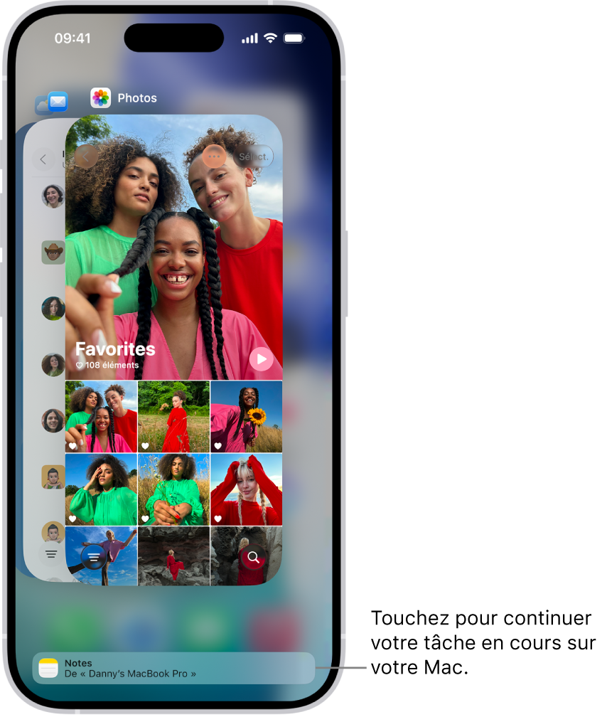 Le sélecteur d’app sur l’iPhone affichant une notification de handoff en bas de l’écran.