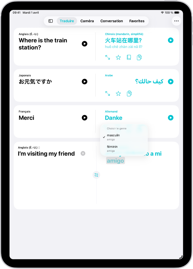 L’onglet Traduction, avec une phrase traduite de l’anglais vers l’espagnol, et un mot surligné en gris avec différentes variations de genre.