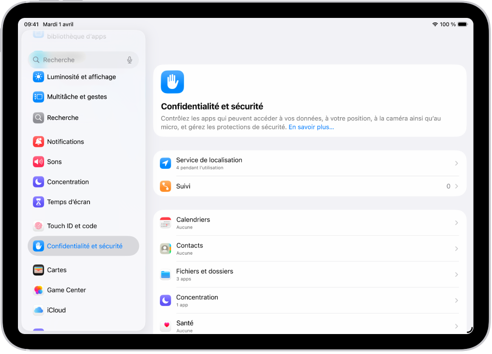 Un écran de Réglages affichant des options pour « Confidentialité et sécurité », comme « Service de localisation » et Suivi.
