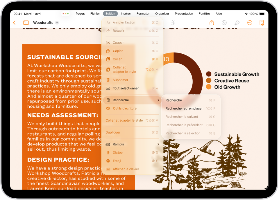 L’app Pages ouverte, avec la barre des menus affichée en haut de l’écran. Le menu Édition de la barre des menus est ouvert et affiche une liste d’actions que vous pouvez effectuer, notamment « Tout sélectionner », Rechercher ou encore Dupliquer.