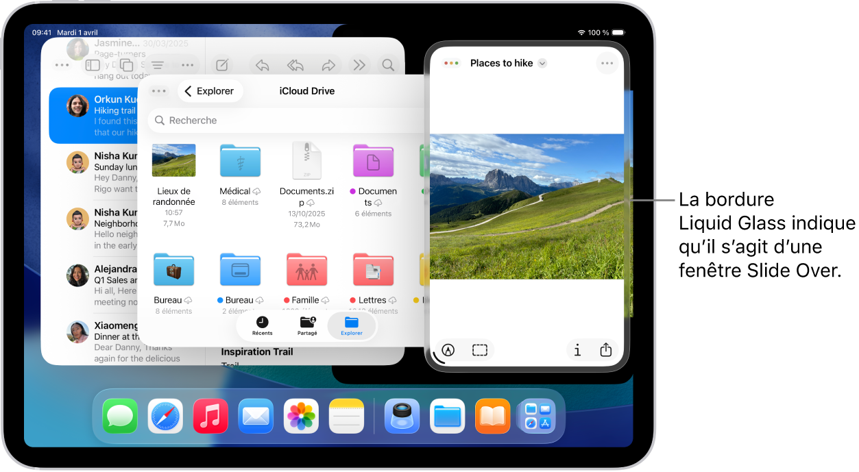 Trois fenêtres d’app ouverte sur l’écran, l’une d’entre elles est une fenêtre Slide Over, comme l’indique la bordure Liquid Glass.
