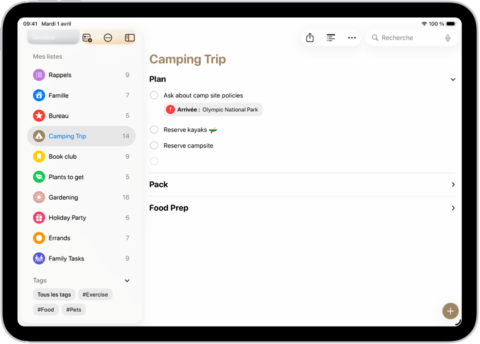 L’app Rappels affichant une liste avec une section développée et les autres réduites.
