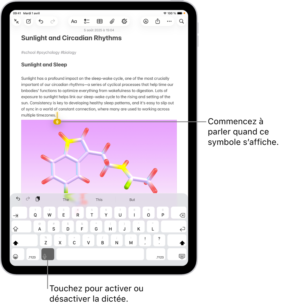 Le clavier à l’écran est ouvert dans l’app Notes. Le bouton Dictée en bas du clavier est sélectionné et le bouton Dictée apparaît sous le point d’insertion dans le champ de texte.