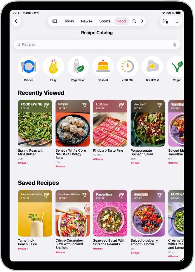 Le catalogue de recettes dans l’app Apple News+.