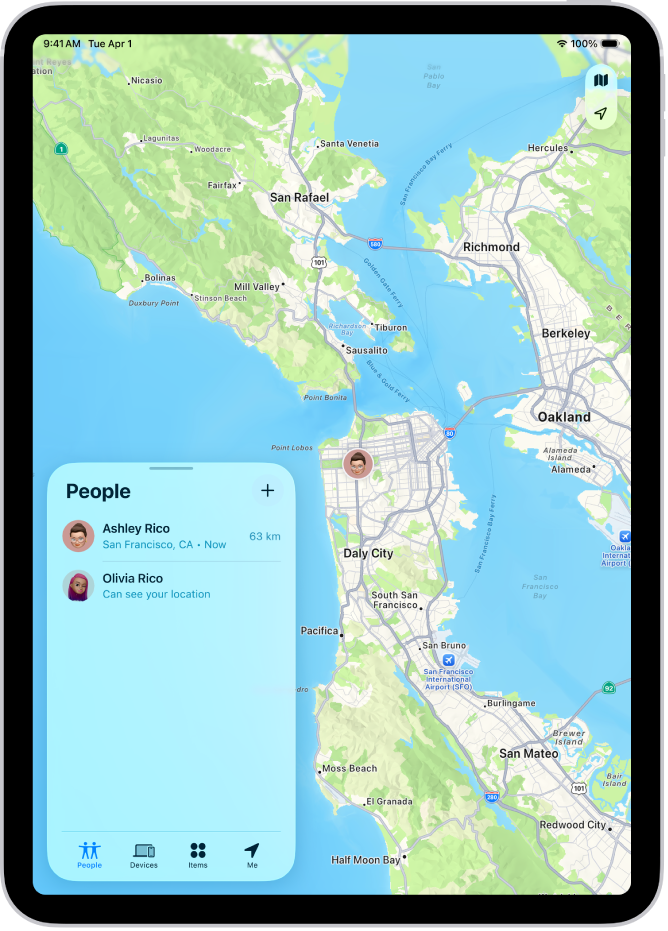 Find My स्क्रीन में दोस्त का स्थान दिखाई देता है।