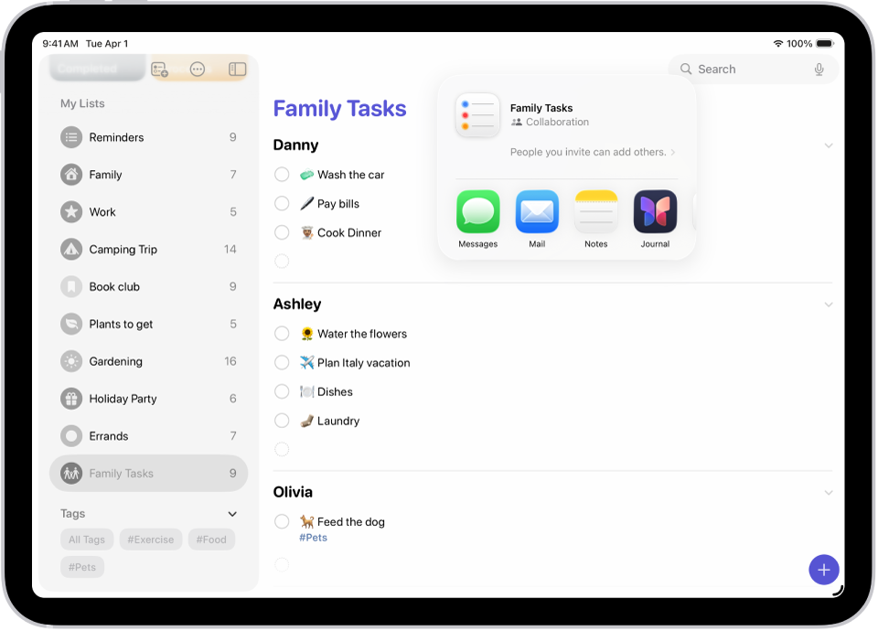रिमाइंडर ऐप, दाईं ओर शेयरिंग विकल्पों के साथ किराना सूची दिखाता है।