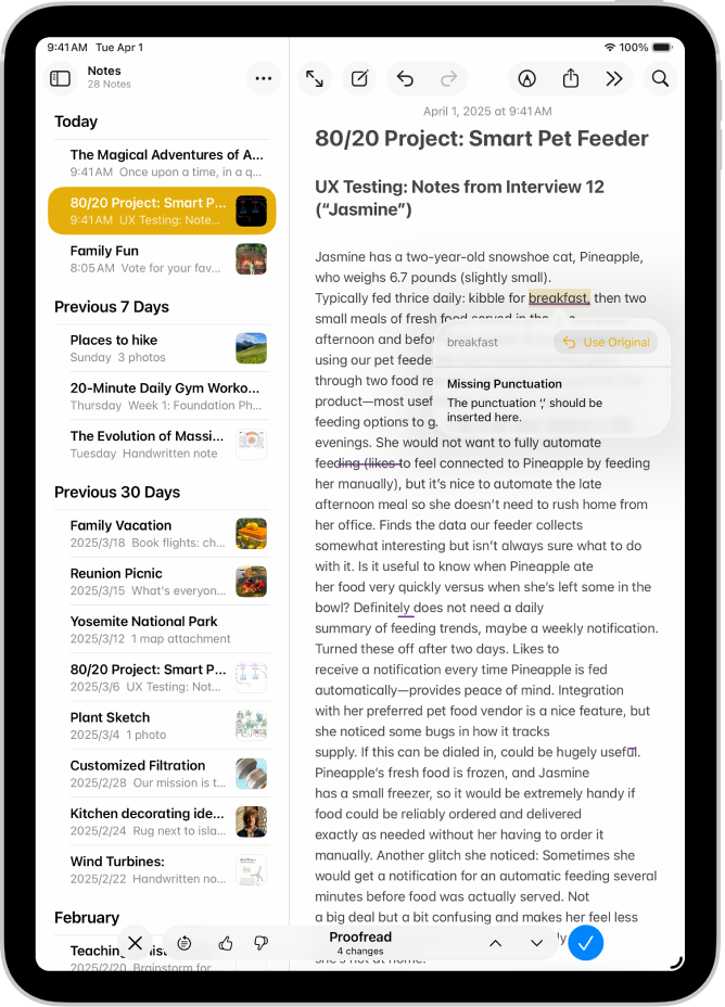 Egy iPad, amelyen nyelvtani hibák vannak javítva a szöveg szerkesztése közben a Jegyzetek appban.
