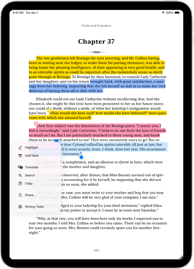 Egy könyv oldala a Könyvek appban, amelyen a szöveg egy része ki van jelölve. A kijelölt szöveg felett a Kiemelés, a Jegyzet hozzáadása, a Fordítás, a Keresés, a Másolás és a Megosztás gomb látható.