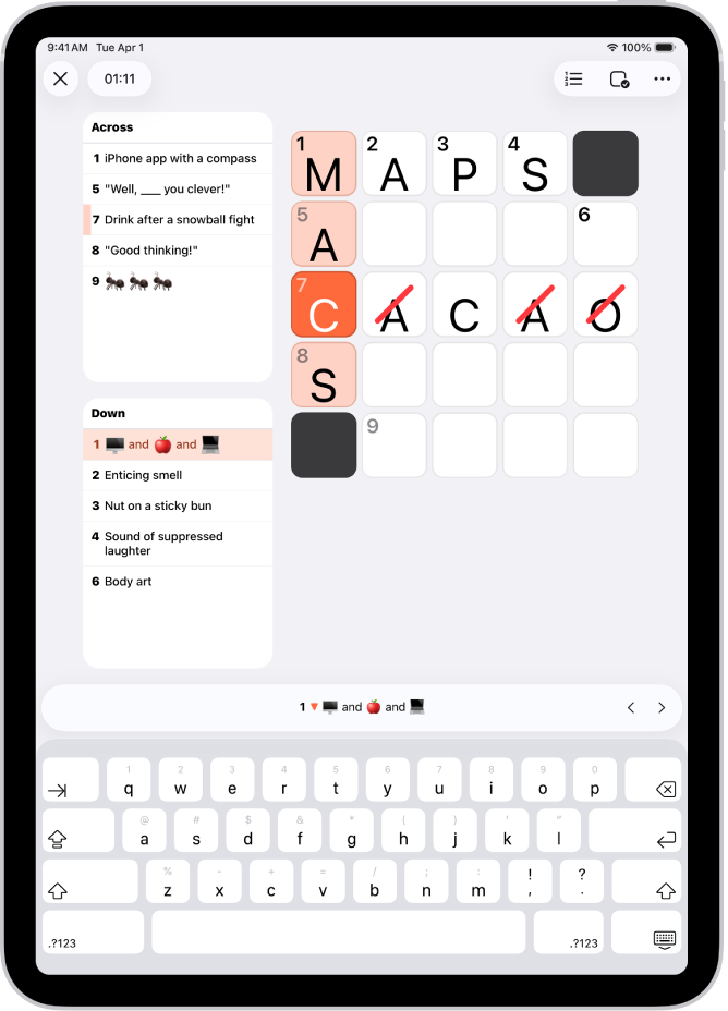 Egy részlegesen kitöltött minikeresztrejtvény, amelynél a segítségek az egyik oldalon jelennek meg.