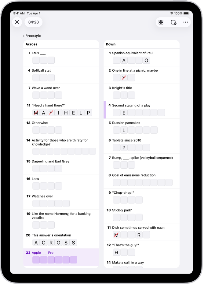 Egy részlegesen kitöltött keresztrejtvény listanézetben.