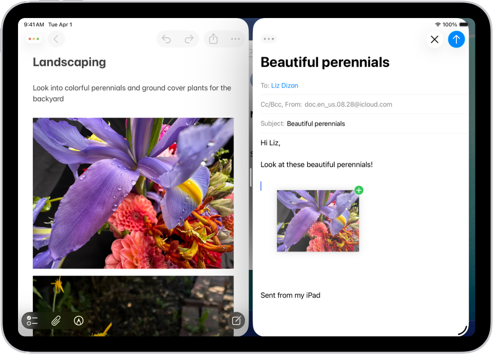 Munkavégzés több appban, amelyek egyidejűleg vannak megnyitva egymás mellett. A bal oldalon a Jegyzetek app van megnyitva, míg a jobb oldalon egy e-mail látható. A Jegyzetekből egy fotó van áthúzva az e-mailbe.