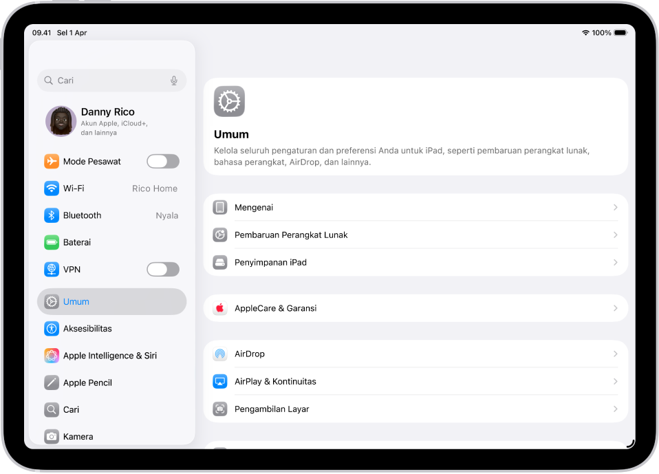Layar Utama iPad dengan beberapa ikon app, meliputi ikon app Pengaturan, yang dapat Anda ketuk untuk mengubah volume bunyi, kecerahan layar iPad Anda, dan lainnya.