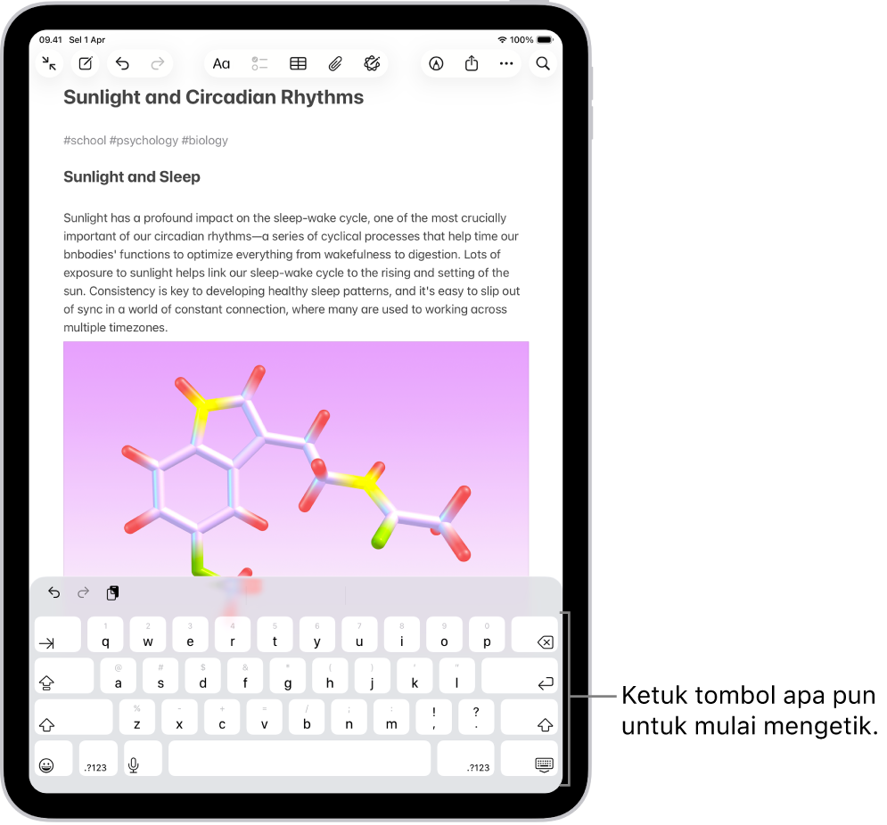 Dokumen terbuka di app Catatan. Papan ketik pada layar berada di bagian bawah layar.