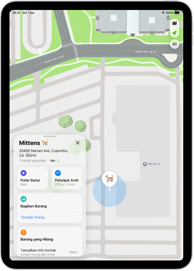 Layar Lacak yang menampilkan AirTag yang membagikan lokasinya.