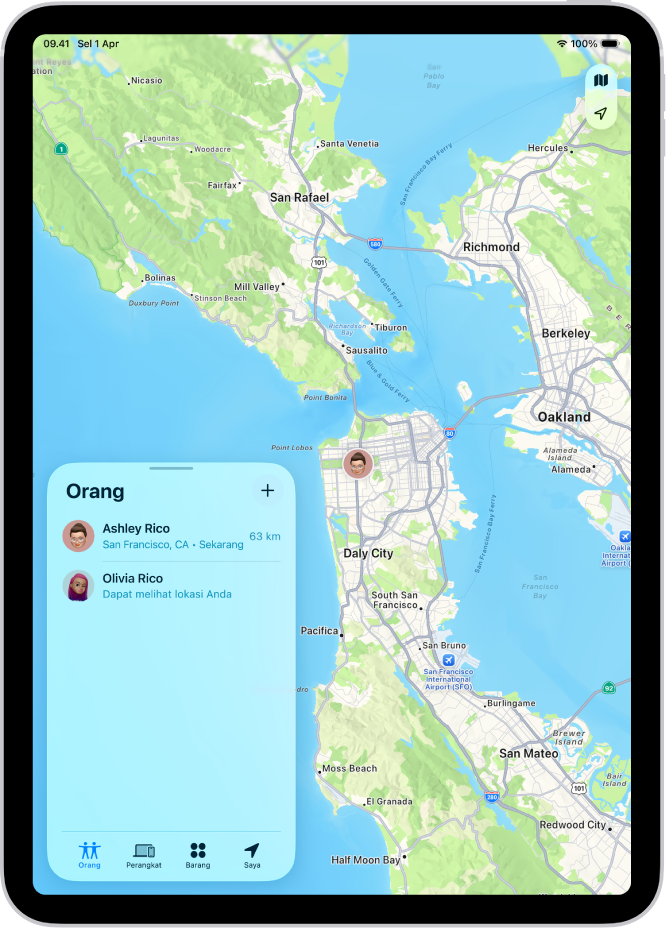 Layar Lacak yang menampilkan lokasi teman